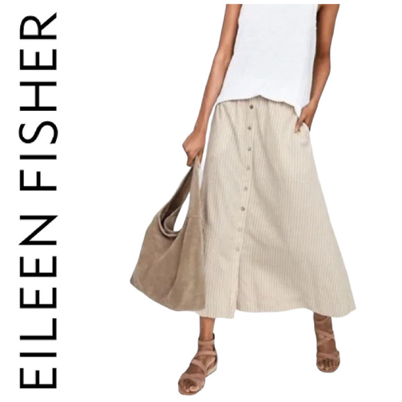 Eileen Fisher Dresses & Skirts - Eileen Fisher Sz S Khaki Button Front Striped Midi Skirt Hemp Cotton S8JWS